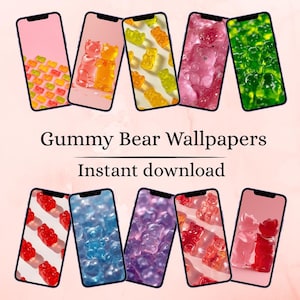 Può includere: Una collezione di schermi di smartphone che mostrano sfondi di orsetti gommosi colorati. Gli schermi mostrano varie disposizioni di orsetti gommosi in tonalità di rosa, arancione, giallo, verde, blu e rosso. Il testo recita "Gummy Bear Wallpapers" e "Instant download."