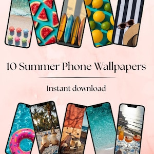 May include: A digital collection of 10 summer phone wallpapers featuring vibrant imagery of beach scenes, watermelons, surfboards, lemons, striped patterns, a pink donut float, tropical drinks, a scooter, and ocean waves with the text 10 Summer Phone Wallpapers.
