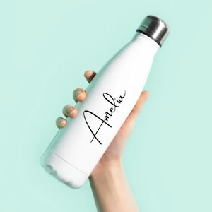 May include: White stainless steel water bottle with a black cursive inscription that reads "Amelia".
