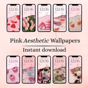 May include: A collection of ten smartphones displaying pink aesthetic wallpapers. Each phone shows a different design, including lollipops, tulips, macarons, and cocktails. The text "Pink Aesthetic Wallpapers" and "Instant download" are also visible.