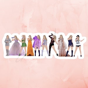 May include: A row of ten figures of a woman in different outfits and poses, including a purple dress, a green crop top, a sparkly dress, a black jumpsuit, a white dress, a black and white top, a white t-shirt with the text "Living at the moment", and a white jacket.
