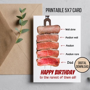 Afdrukbare verjaardagskaart voor papa | Fijne verjaardag papa | Zeldzaamste | Biefstuk | Digitale download | Rare Steak | Direct downloaden