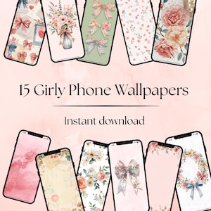15 Feminine Watercolor Phone Wallpapers, Girly Coquette Aesthetic Backgrounds, Pastel Bow Floral Clipart, Animated Hand-Drawn iPhone Android