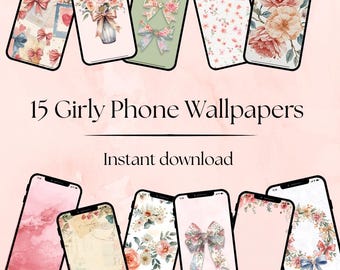 15 Feminine Watercolor Phone Wallpapers, Girly Coquette Aesthetic Backgrounds, Pastel Bow Floral Clipart, Animated Hand-Drawn iPhone Android