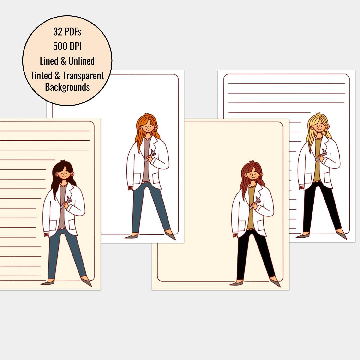 Printable Cartoon Doctor Stationery - Instant Download PDF - Blonde, Brunette, Red, and Black Hair - Hand Drawn