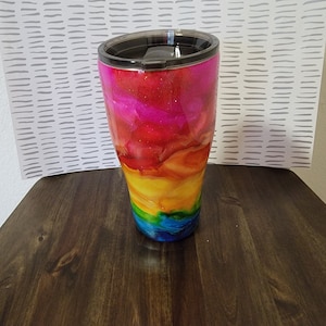 Alcohol ink 30 ounce Curvy tumbler...rainbow swirl...glitter tumbler..ready to ship