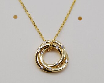 14k Gold plated and Solid Sterling Silver “3 Entwined Rings” necklace (925 Silver, 14k Gold plated)