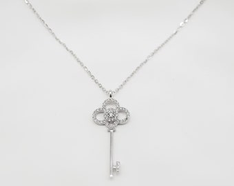 Solid Sterling Silver Key pendant necklace with crystals (925 Silver, not plated)