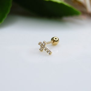 9ct solid gold cross with white CZ stud earring piercing lobe