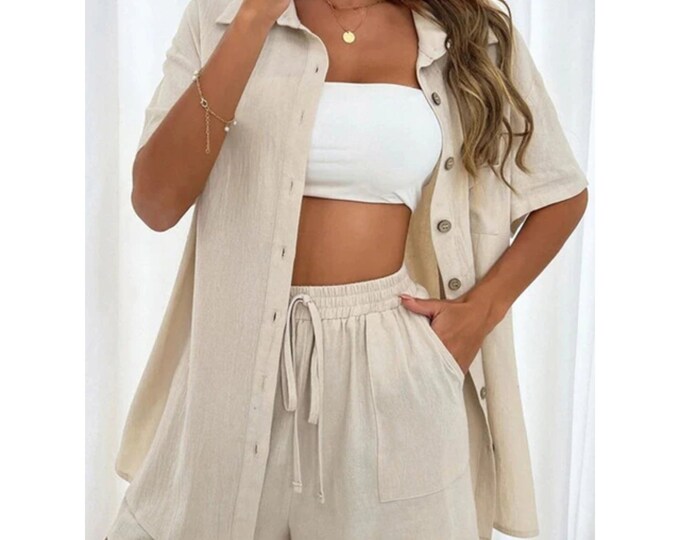 Linen Oversized Shirt and Shorts Set Linen Clothing for Women Etsy