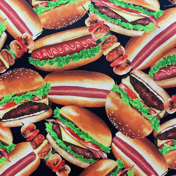 Burger Skewers Hot dog Bar Snacks Pub Snack BBQ Food Fabric 100% Cotton from Benartex