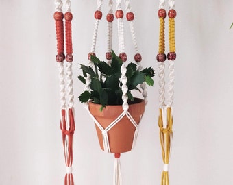 Macrame Plant Hanger w/ Wooden Beads | Vibrant Colours | Wall Hanging | Eco Gift | Boho Home Decor | Indoor Plant Pot Holder