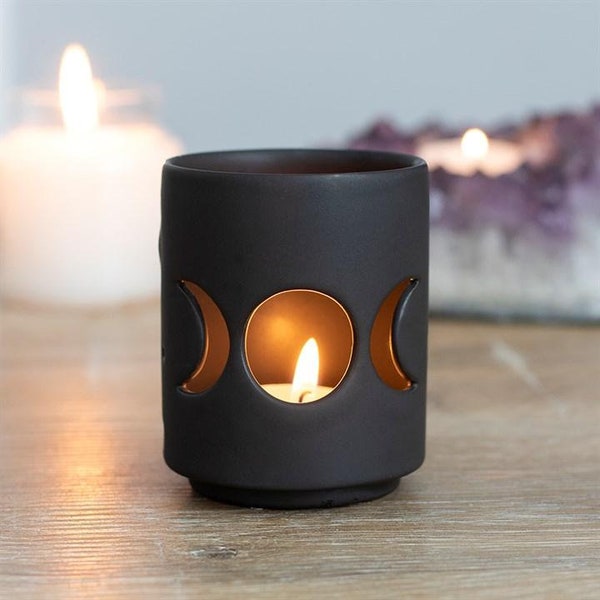 Small Goth Boho Ceramic Witchy Mystical Triple Moon Cut Out Oil Burner Tealight Holder