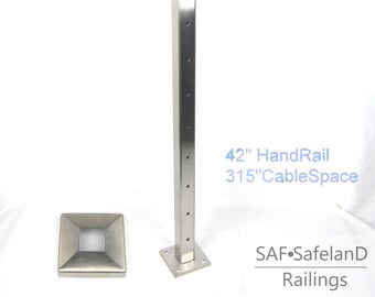 Contractor Preferred - Stainless Steel T316 1-1/2" Square Cable Railing Middle Post with 12 Pre-Drilled, 7 mm Sized Holes - 41"