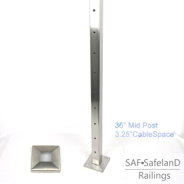 Contractor Preferred - Stainless Steel T316 1-1/2" Square Cable Railing Middle Post with 10 Pre-Drilled, 7 mm Sized Holes - 36"