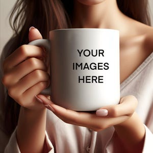May include: A white ceramic mug with the text "YOUR IMAGES HERE" printed in black.