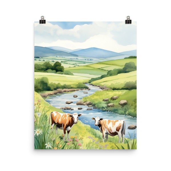 Shepherds Valley Watercolor Print | Rural Landscape Wall Art | Pastoral Poster | Countryside Decor | Cows Art | River Meadow | Nature Art