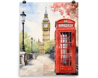 London Watercolor Print, Big Ben Red Phone Booth Wall Art, British Cityscape Decor, UK Travel Poster, Westminster Artwork, Europe Street Art