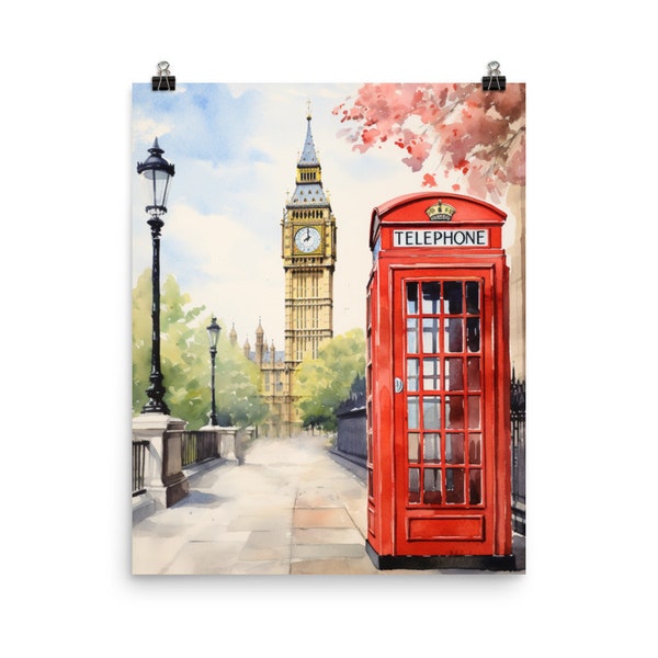 London Watercolor Print | Big Ben Wall Art | British Cityscape | Red Phone Booth | UK Gift | Westminster | Clock Tower Art | England Poster