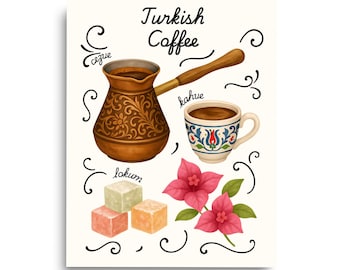 Turkish Coffee Watercolor Print, Istanbul Cafe Art, Ottoman Kitchen Decor