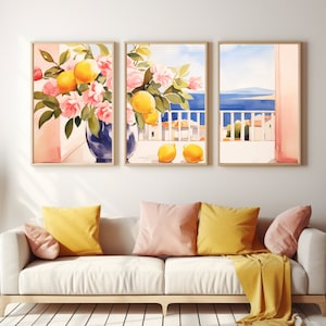 Sicilian Lemons Watercolor Print | Set of 3 | Palermo Gift | Sicily Art | Mosaic Vase Poster | Italy Art | Colorful Flower | Open Window