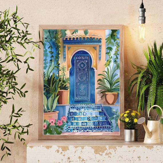 アート307　「オーガニック・プラネット(グリーンブルー)」　インテリア Moroccan Blue Door Watercolor Print, Arabesque Wall Art