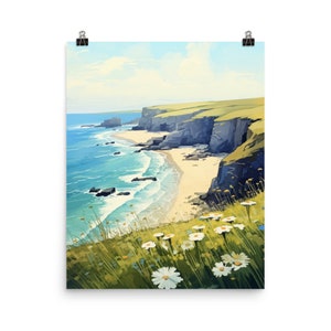 May include: A painting of a coastal landscape with a sandy beach, blue ocean, and green cliffs. White daisies bloom in the foreground.