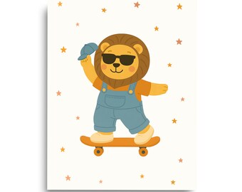 Skating Lion Watercolor Print, Safari Nursery Wall Art, Jungle Animal Kids Room Decor