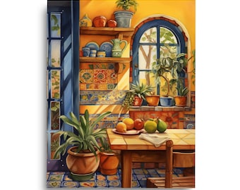 Mexican Kitchen Watercolor Print, Traditional Latin Home Decor, Mosaic Tile Wall Art, Fruit Illustration, Central America Food Gift