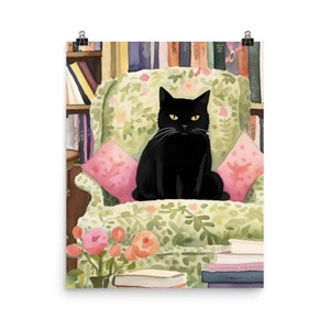 Black Cat Watercolor Print | Bookshelf Wall Art | Cozy Living Room Decor | Green Couch | Retro Trendy | Book Lovers | Cat Decor | Feline