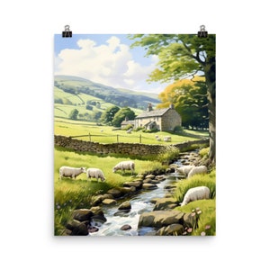 Yorkshire Dales Watercolor Print | England Travel Gift | English Countryside | UK Landscape | Sheep Painting | Cottage Poster | Farm Art