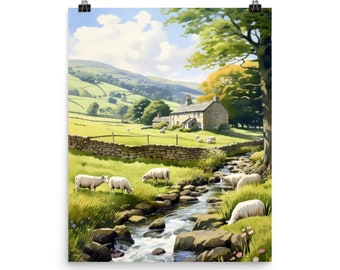 Yorkshire Dales Watercolor Print | England Travel Gift | English Countryside | UK Landscape | Sheep Painting | Cottage Poster | Farm Art