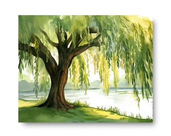 Willow Tree Watercolor Print, Serene Lakeside Landscape Art, Tranquil Forest Poster, Botanical Wall Decor, Nursery Illustration, Garden Art