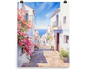Altea Spain Watercolor Print, Mediterranean Seaside Art, Coastal Europe Wall Decor, Spanish Travel Poster, Mediterranean Wall Artwork