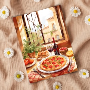 Puede incluir: Una mesa puesta con una pizza, una copa de vino tinto, una botella de vino tinto, pan, tomates y una rodaja de lim&oacute;n. La mesa est&aacute; cubierta con un mantel a cuadros rojos y blancos. La escena se desarrolla en una habitaci&oacute;n con una ventana que da a una ciudad.