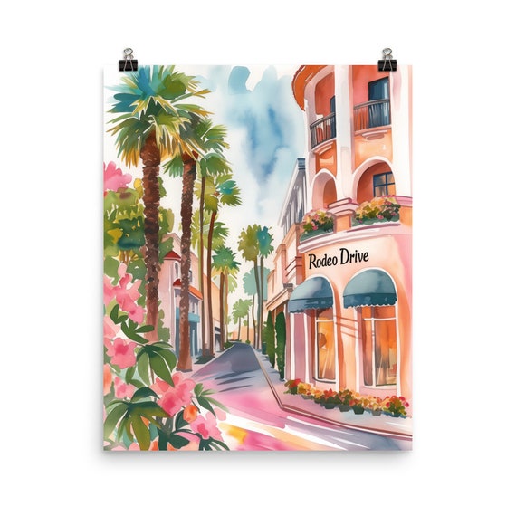 Rodeo Drive Watercolor Print, Beverly Hills Cityscape Wall Art