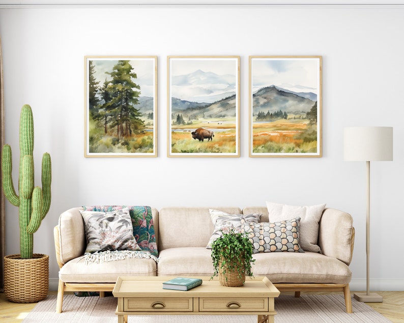 Yellowstone Buffalo Watercolor Print Set, Montana Landscape Art - Etsy