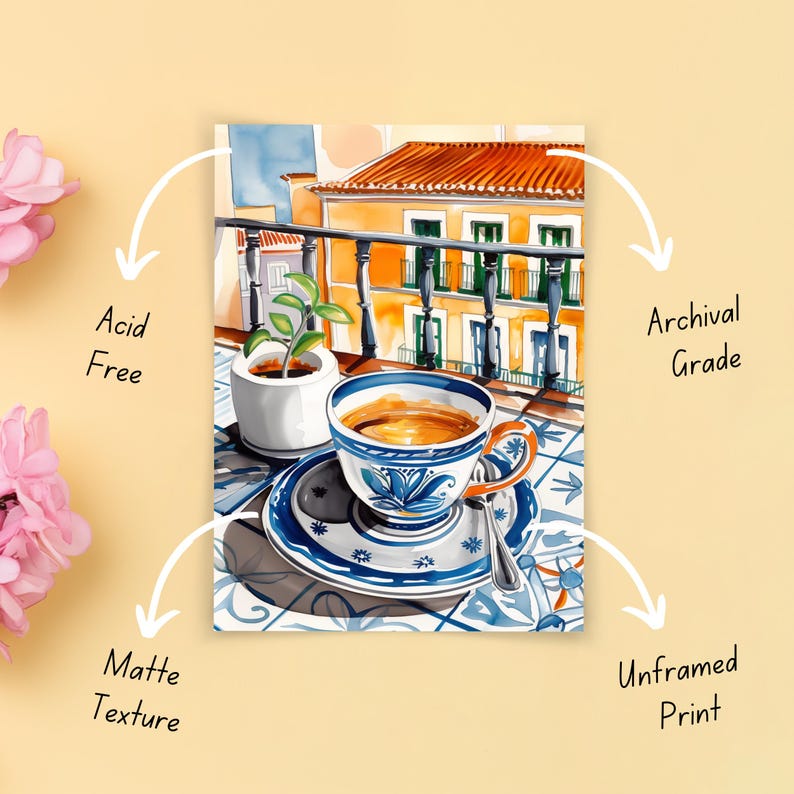 May include: A watercolor painting of a cup of coffee on a tiled balcony overlooking a colorful building. The cup is blue and white with a floral design. The building is yellow with red tile roof. The painting is printed on archival grade, acid-free matte paper.