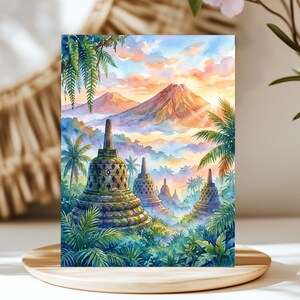 Borobudur Temple Watercolor Print Canvas, Java Indonesia Wall Art, Buddhist Travel Decor