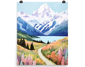 Aoraki Mount Cook Watercolor Print, New Zealand Mountain Landscape Wall Art, Alpine Nature Poster, South Island Decor, Scenic Lakeside Art