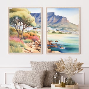 Cape Town Watercolor Print | Set of 2 | South Africa Gift | Table Mountain | Coastal Cityscape | South African Landscape | Seaside Poster