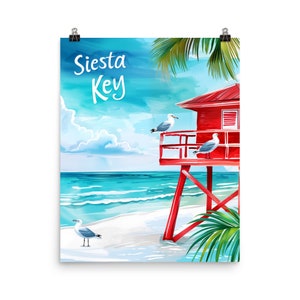 Siesta Key Watercolor Print, Florida Coastal Wall Art, Gulf of Mexico Beach Decor, Tropical Island Seaside Poster, Sarasota Bradenton Art