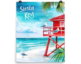 Siesta Key Watercolor Print, Florida Coastal Beach Wall Art, Tropical Seaside Poster