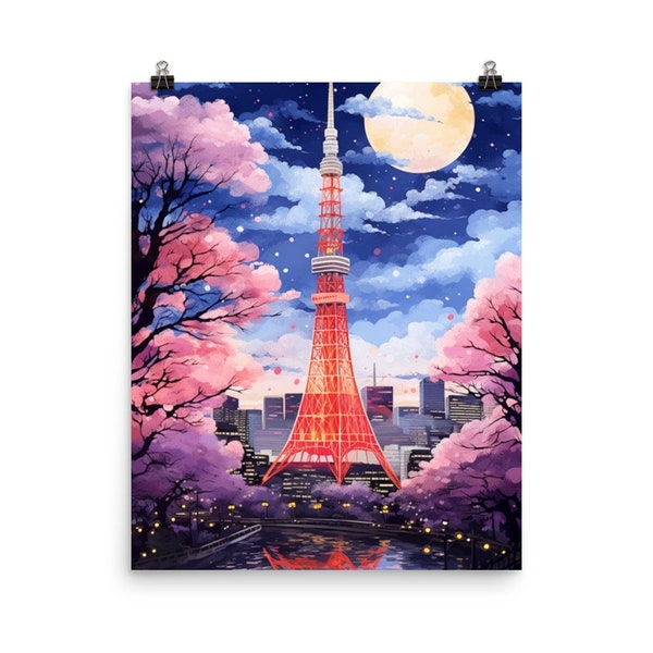 Tokyo Tower Watercolor Print | Japan Poster | Japanese Wall Art | Moonlight Art | Tokyo Poster | Yamanote | Asian Cityscape | Japan Art Gift