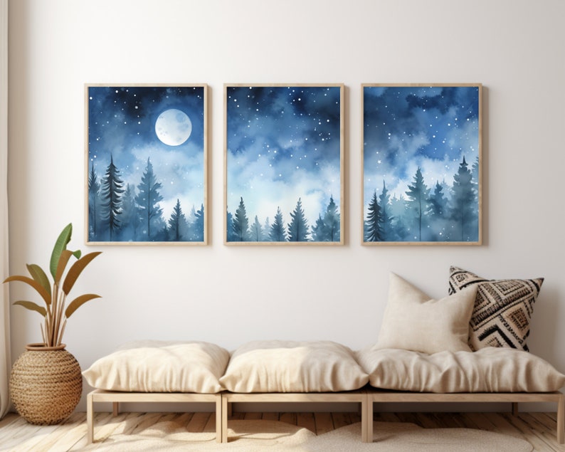 Indigo Forest Watercolor Print, Set of 3, Full Moon Night Sky Wall Art ...