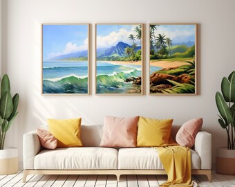 Puede incluir: Tres pinturas de paisajes enmarcadas que representan una escena de playa tropical con palmeras, agua azul y montañas verdes. Las pinturas están colgadas en una pared blanca sobre un sofá blanco con almohadas amarillas y rosadas.
