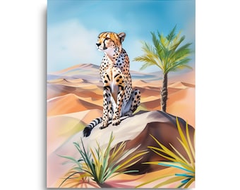 Cheetah Watercolor Print, African Safari Wall Art, Wildlife Nursery Decor, Exotic Animal Poster, Desert Landscape Artwork, Big Cat Safari
