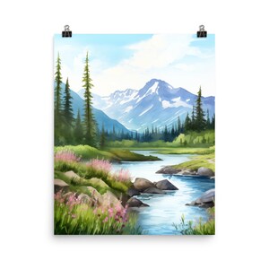 Eagle River Watercolor Print, Alaskan Mountain Landscape Wall Art, Nature Travel Decor, Alaska Wilderness Artwork, Northern Lights Poster