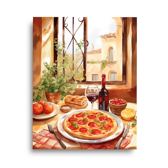 Neapolitan Pizza Watercolor Print, Naples Kitchen Wall Art, Italian Food Poster, Dining Table Decor, Napoli Culinary Gift, Pizza & Wine