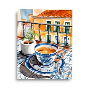 May include: A blue and white patterned coffee cup with a saucer sits on a tiled table with a small potted plant in the background. The cup is filled with coffee and there is a spoon on the saucer. The scene is set on a balcony overlooking a yellow building with green windows.